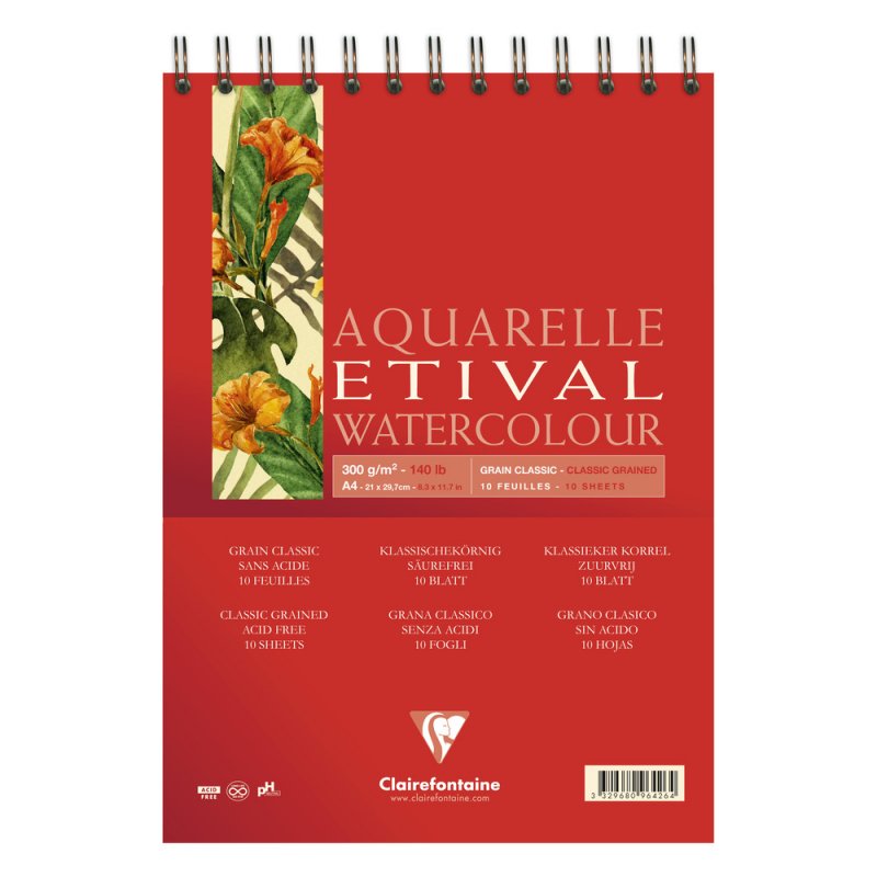 Clairefontaine Etival Aquarelblok Klassieke Korrel - 300 g - A4 - spiraal - 10 feuilles