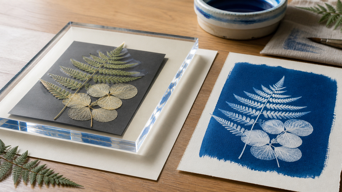 Œuvre cyanotype transparente sur plexiglas avec des formes botaniques
