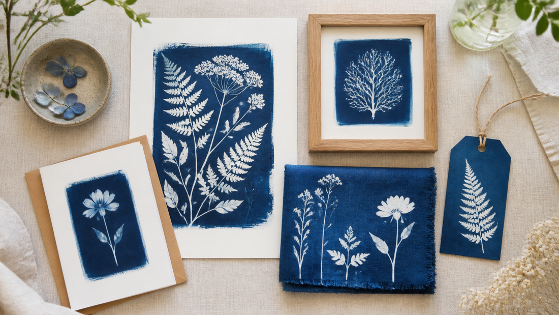 Collection de projets créatifs en cyanotype sur papier, textile et objets décoratifs