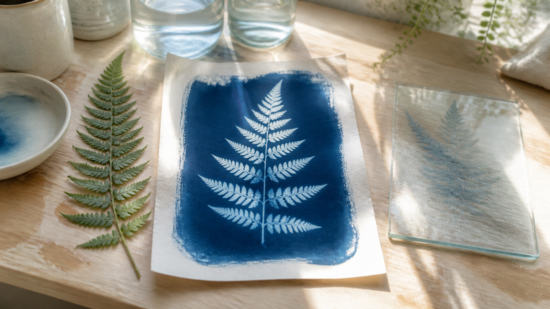 Tirage cyanotype botanique avec des feuilles en bleu de Prusse profond