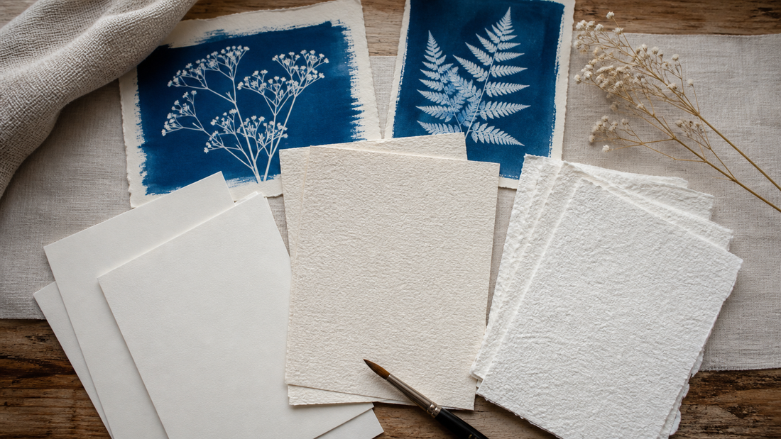 Différents papiers aquarelle avec des essais de cyanotype botanique