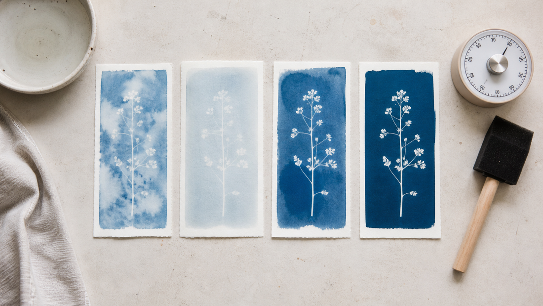 Essais de cyanotype botanique réussis et ratés côte à côte