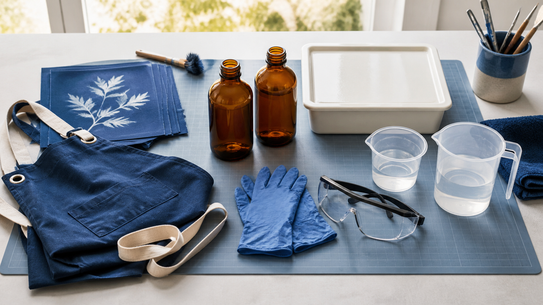Espace de travail cyanotype sécurisé avec gants et produits étiquetés