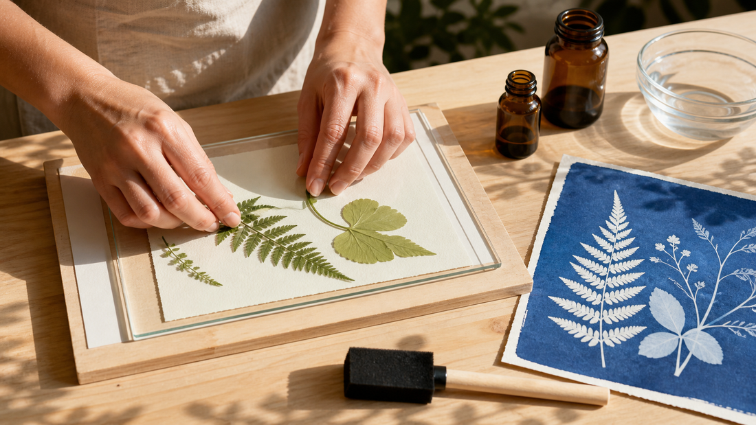 Débutant disposant des formes botaniques sur du papier cyanotype enduit