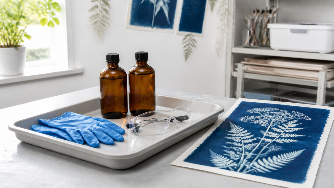 Matériel de cyanotype sécurisé avec gants et flacons de produits chimiques fermés