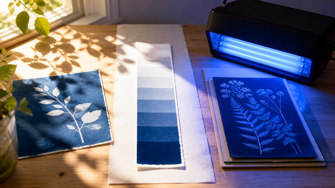 Exposition d’un cyanotype au soleil avec bandes de test et matériel UV