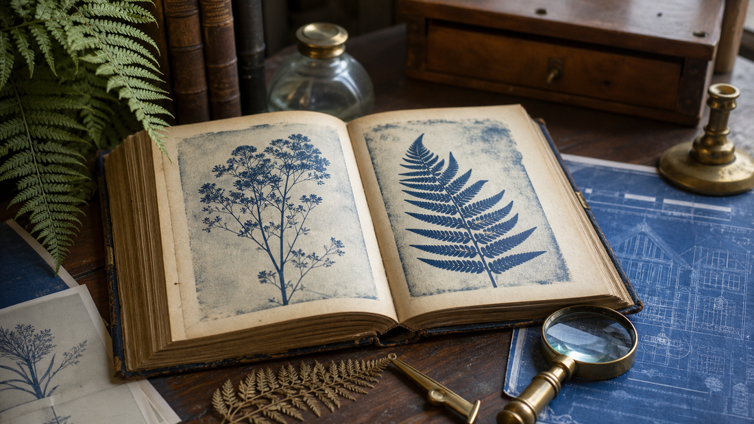 Bleus cyanotypes historiques et tirage botanique moderne côte à côte