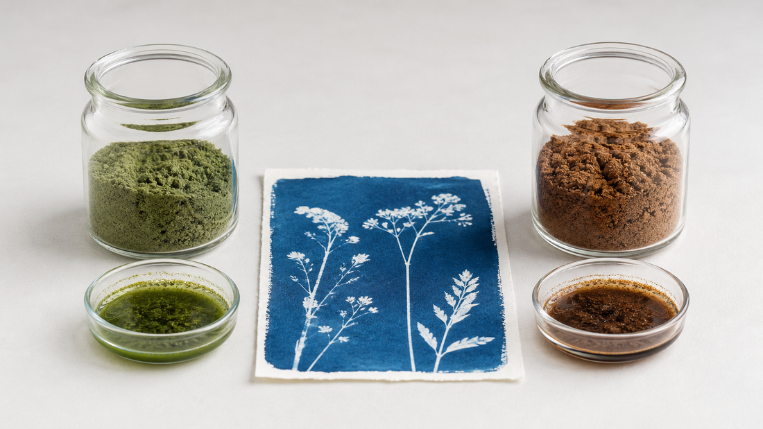 Citrate d’ammonium ferrique vert et brun à côté de produits chimiques pour cyanotype