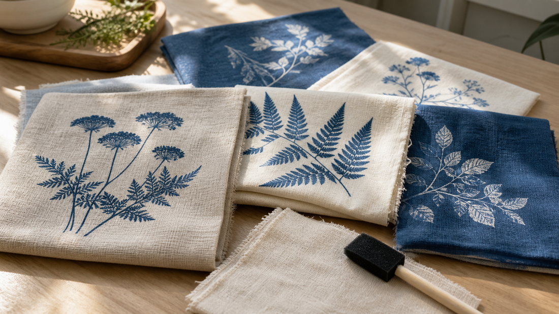 Impressions cyanotype botaniques sur coton clair et lin