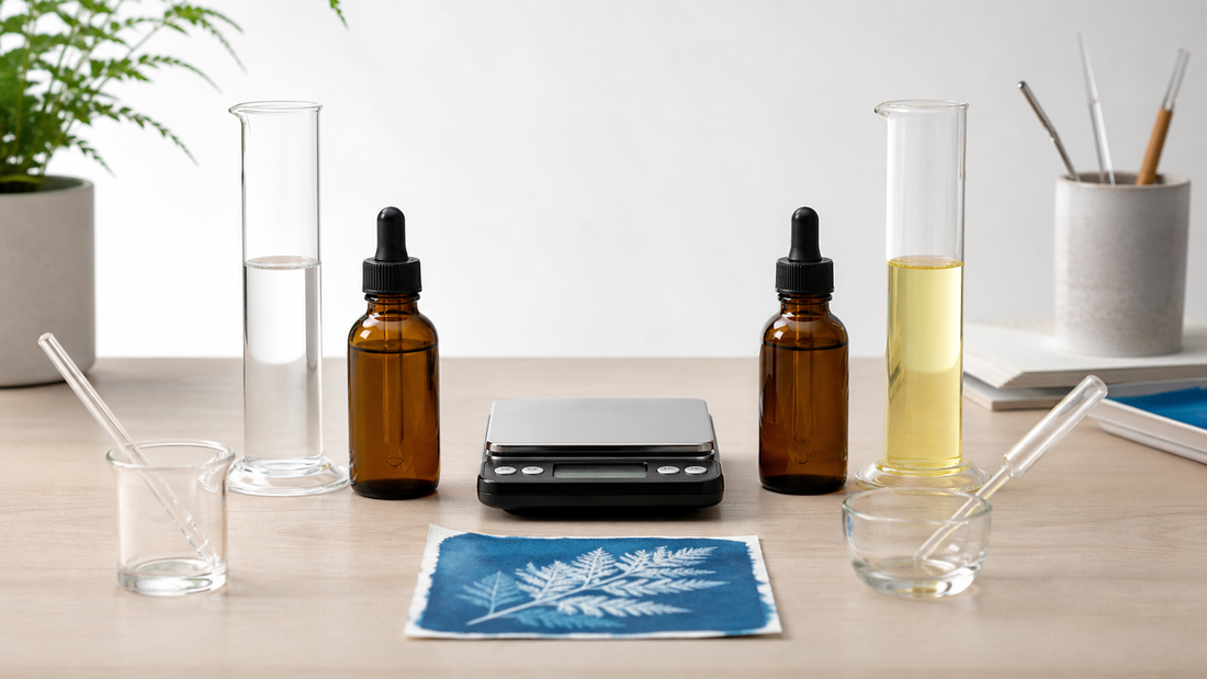 Solutions de cyanotype mesurées avec précision, avec gobelets doseurs et balance
