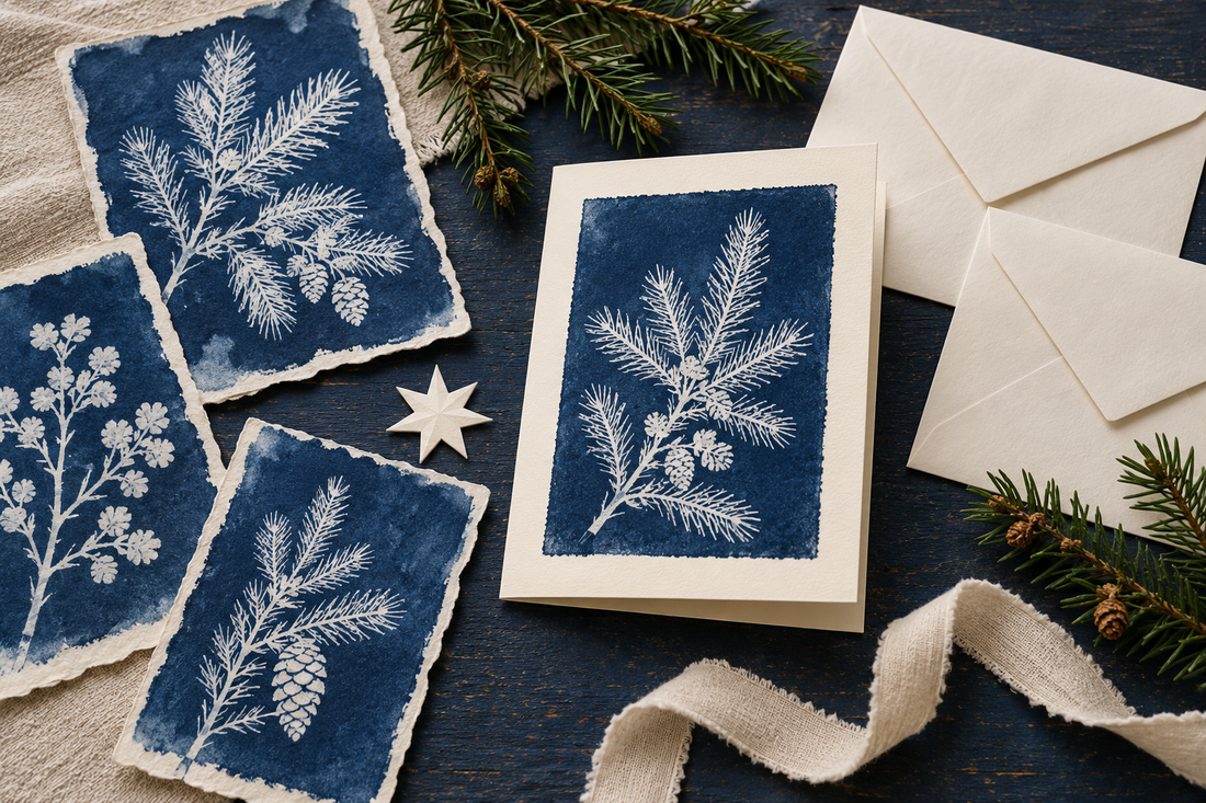 Illustration de cyanotypes botaniques bleus, d’une carte de Noël crème, d’étoiles en papier et d’enveloppes
