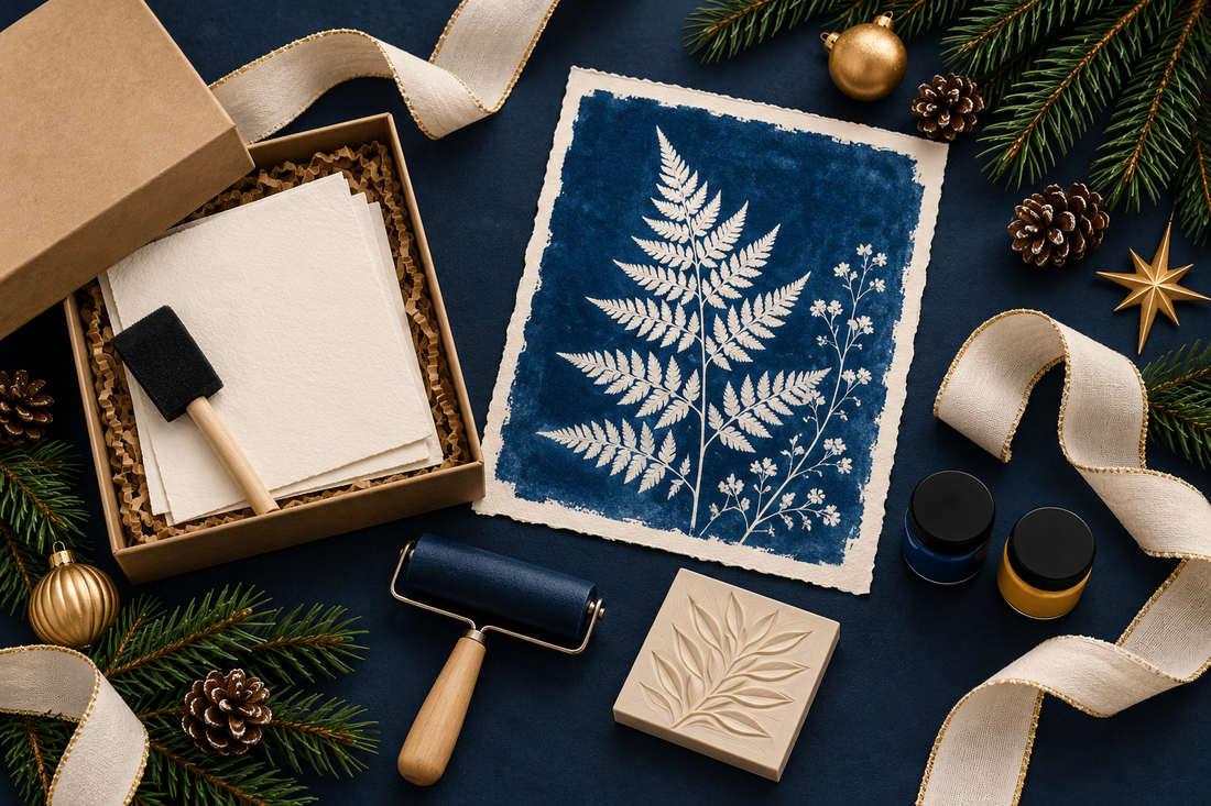 Illustration d’idées de cadeaux créatifs avec papier, pinceau mousse, cyanotype botanique et matériel d’impression