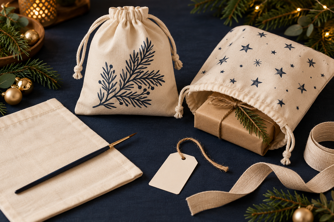 Illustration de sacs cadeaux en tissu crème avec branches et étoiles bleues, pinceau, échantillon et étiquette