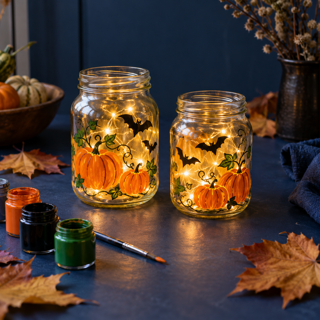 Peindre des bocaux pour Halloween : citrouilles, chauves-souris et LED