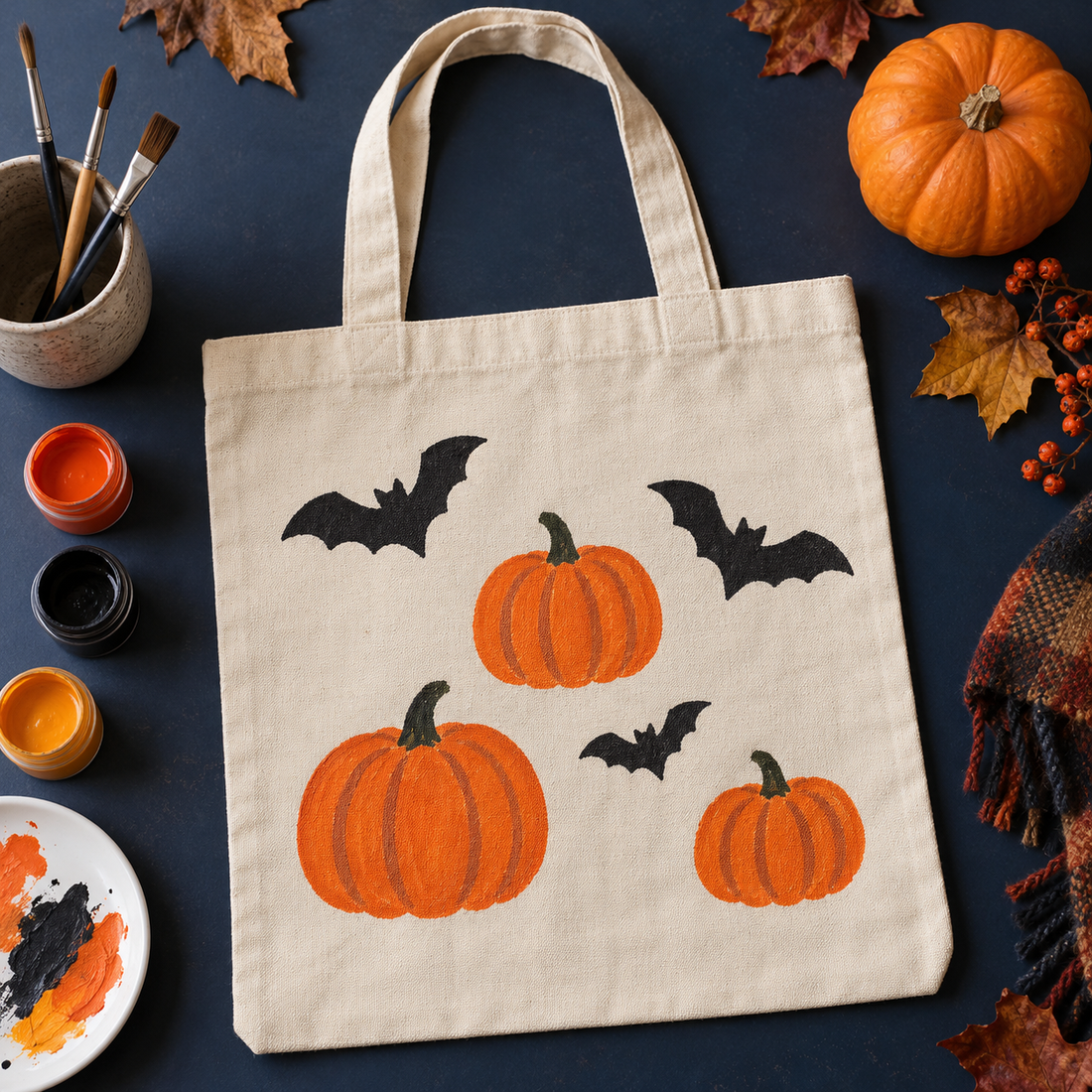 Peindre un sac d’Halloween : citrouilles et chauves-souris sur tissu