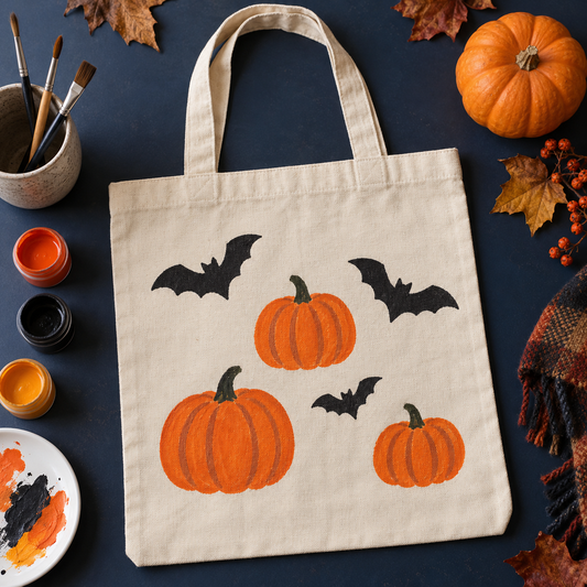 Peindre un sac d’Halloween : citrouilles et chauves-souris sur tissu