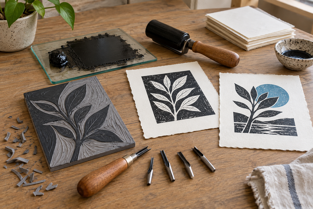 Atelier de linogravure avec plaque SoftCut, gouges, rouleau, encre noire et épreuves botaniques