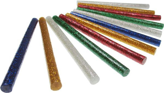 Douze bâtons de colle pailletée Meyco bleus, dorés, argentés, verts et rouges disposés en éventail