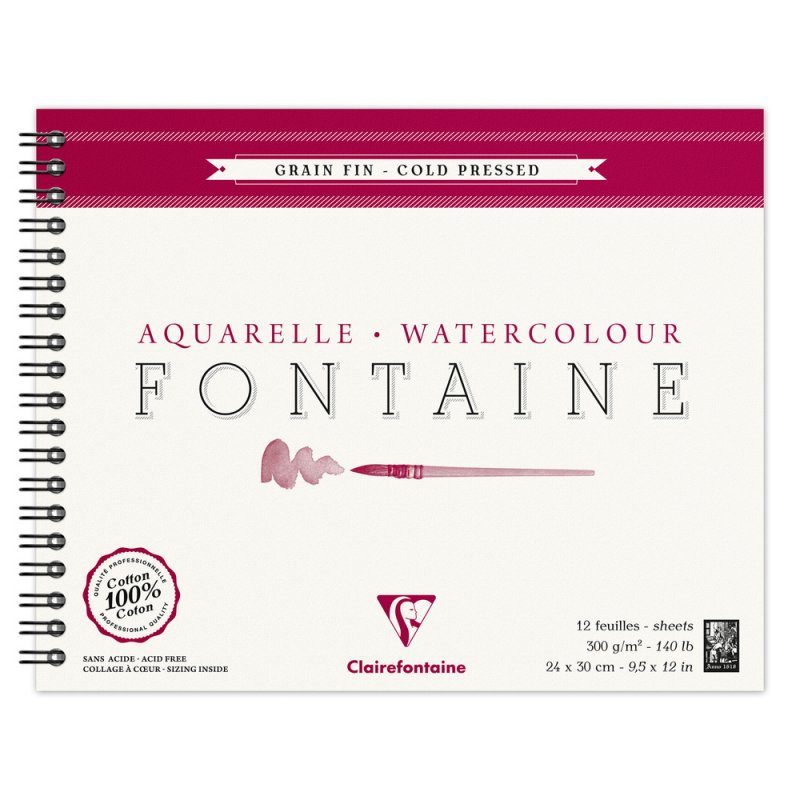 Clairefontaine Fontaine Aquarelblok 300 g Fijne Korrel - 24 x 30 cm - spiraal - 12 feuilles