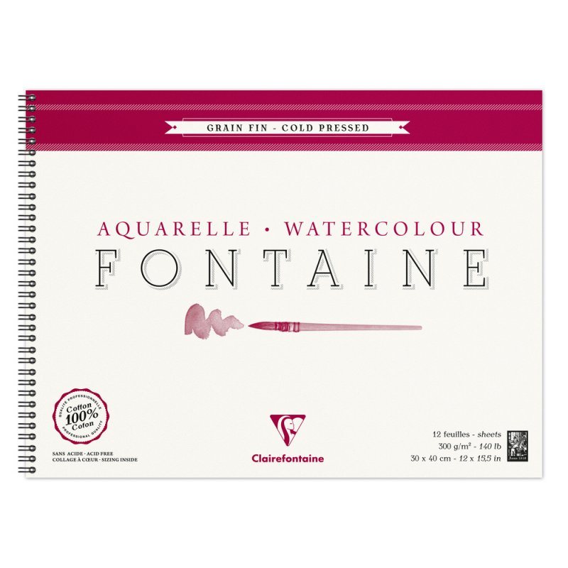 Clairefontaine Fontaine Aquarelblok 300 g Fijne Korrel - 30 x 40 cm - spiraal - 12 feuilles