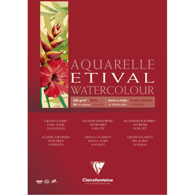 Clairefontaine Etival Aquarelblok Klassieke Korrel - 200 g - A4 - 1 zijde gelijmd - 10 feuilles