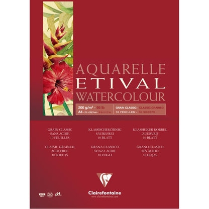 Clairefontaine Etival Aquarelblok Klassieke Korrel - 200 g - A4 - 1 zijde gelijmd - 10 feuilles