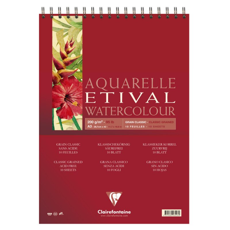 Clairefontaine Etival Aquarelblok Klassieke Korrel - 200 g - A3 - spiraal - 10 feuilles