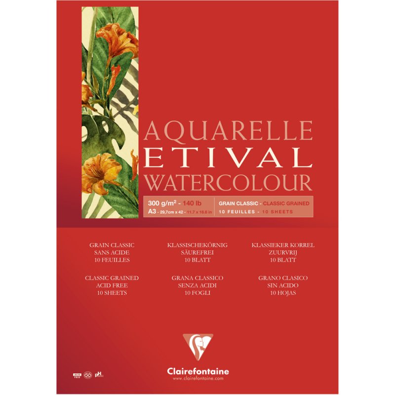 Clairefontaine Etival Aquarelblok Klassieke Korrel - 300 g - A3 - 1 zijde gelijmd - 10 feuilles