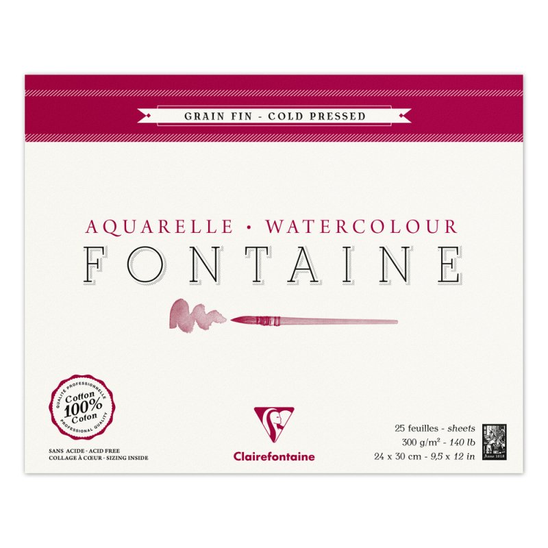 Clairefontaine Fontaine Aquarelblok 300 g Fijne Korrel - 24 x 30 cm - 4 zijden gelijmd - 25 feuilles