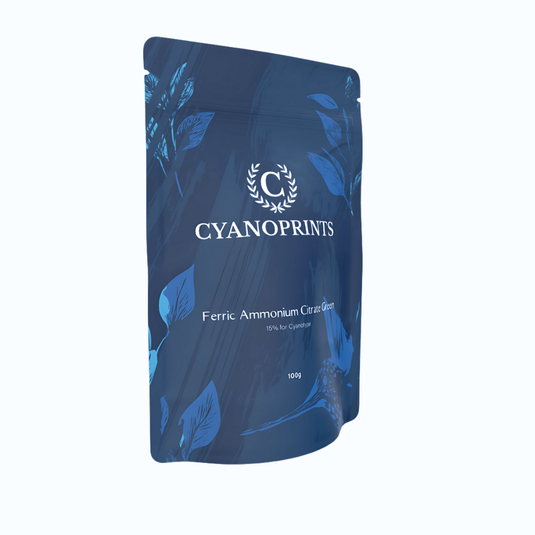 Citrate d’ammonium ferrique vert, 100 g dans un emballage bleu Cyanoprints