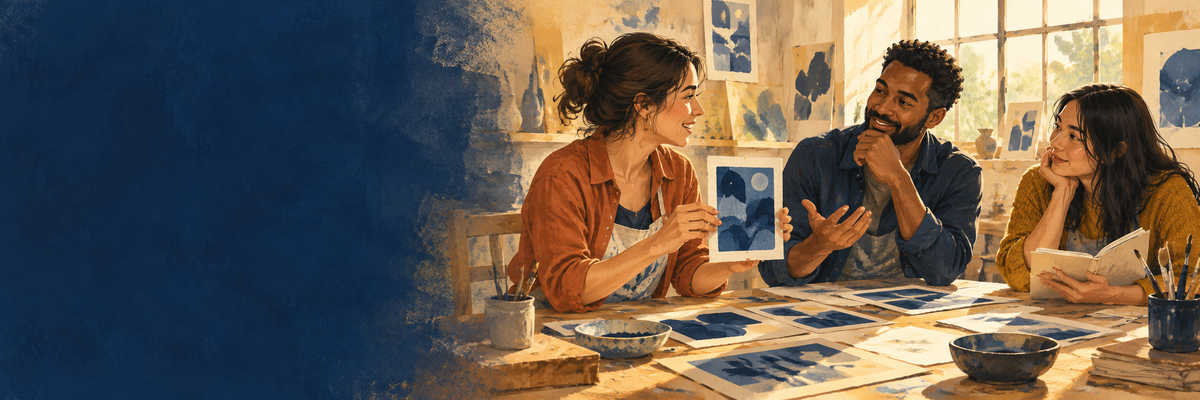 Illustration de trois adultes partageant leurs créations et leurs idées dans un atelier ensoleillé