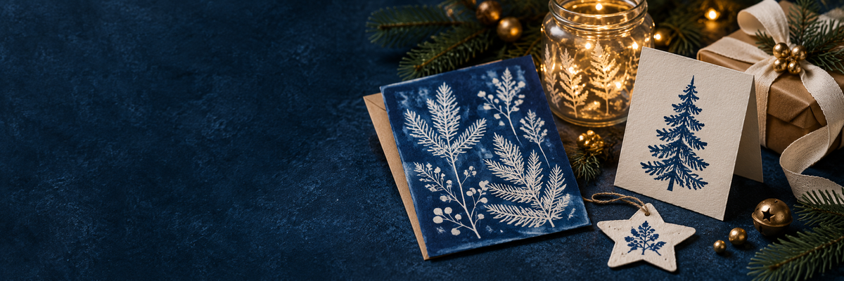 Illustration de cartes de Noël en cyanotype botanique, d’une carte imprimée, d’une lumière LED et d’un cadeau emballé