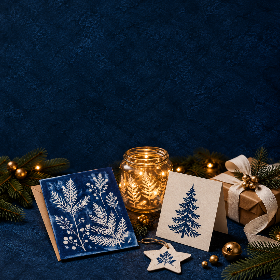 Illustratie van kerstkaarten met botanische blauwdrukken, een bedrukte kaart, LED-licht en een ingepakt cadeau