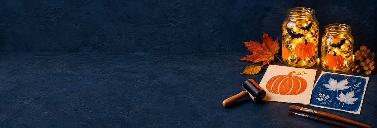 Projets d’Halloween : bocaux peints avec LED, impression de citrouille et cyanotypes de feuilles
