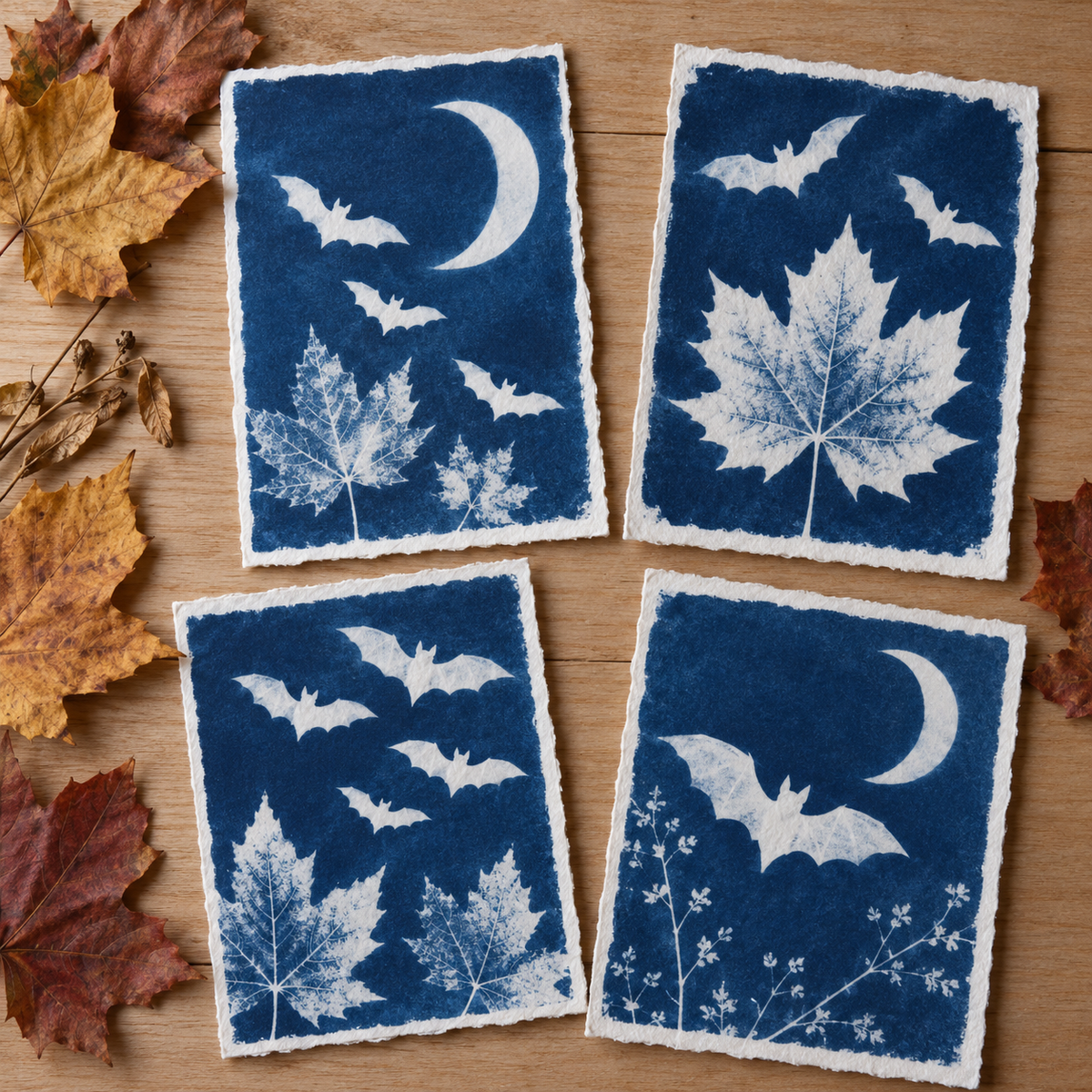 Cyanotypes d’Halloween : chauves-souris, lune et feuilles d’automne