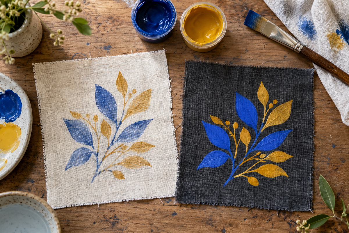 Table de travail avec peinture textile et tissu peint