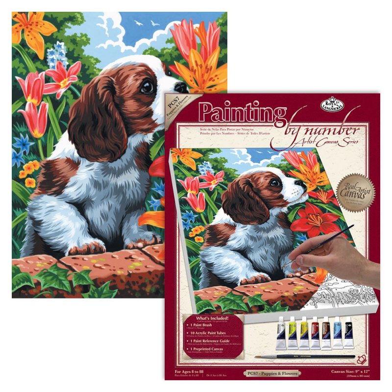 R&L Artist Canvas A4 Peinture par numéros - Puppy & Flowers